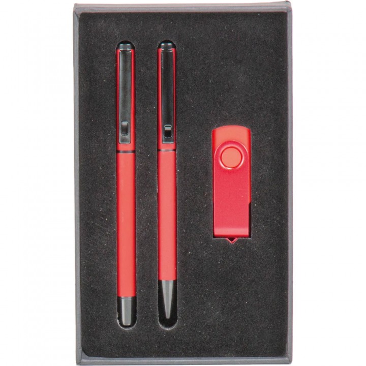 Kırmızı Üçlü 16 GB USB Bellekli Metal Kalem Seti Lazer Baskılı Promosyon Hediye Seti